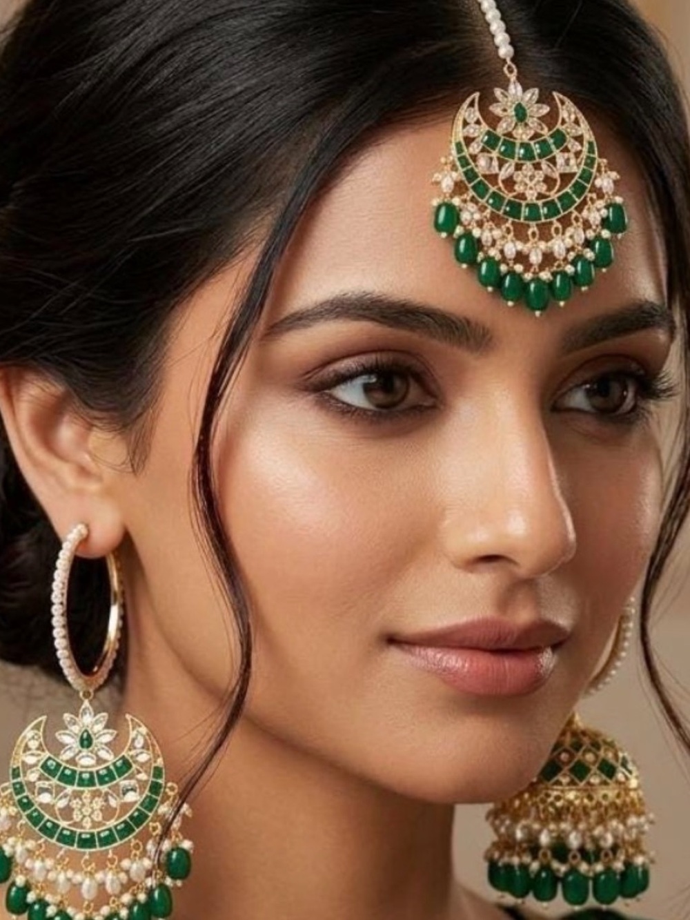 Elegant Green and Gold Traditional Maang Tikka and Earrings Set